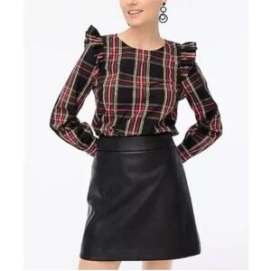 J. Crew Stewart Tartan Plaid Ruffle Popover Poplin Blouse Holiday Black Medium